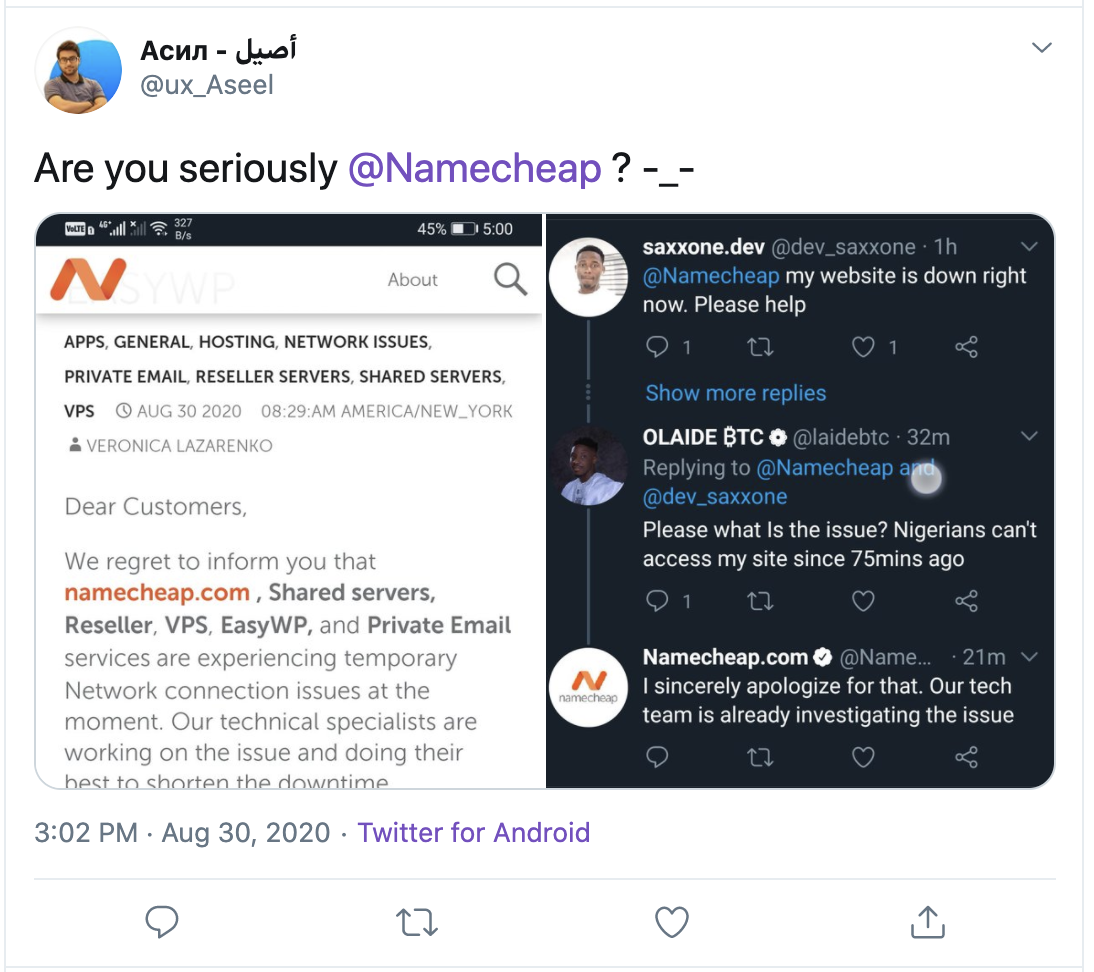 Namecheap hosting and email DOWN in prolonged outage